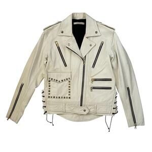 RODARTE White Leather Studded Biker Moto Jacket - Zippers - Lace-Up Sides - XS